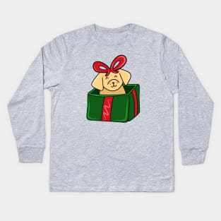 Cute Christmas Holiday Dog in a Red and Green Giftbox Present, made by EndlessEmporium Kids Long Sleeve T-Shirt